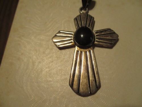 Sterling Silver Cross Pendant w/ Black Onyx Center Stone - Picture 3 of 3