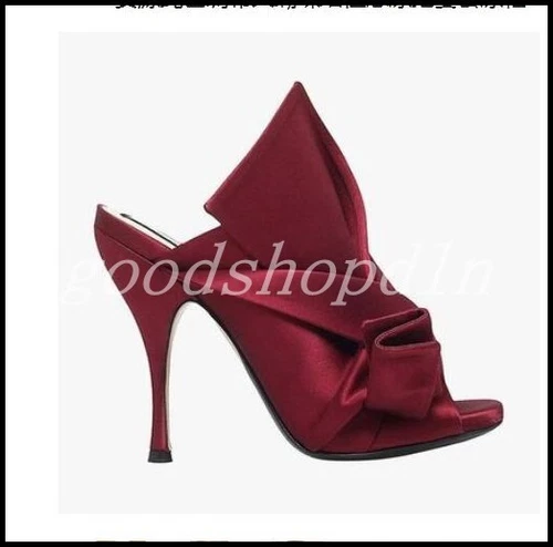 Mujeres Sexy Satén Punta abierta Moño Stiletto Zapatilla Zapatos Fiesta Banquete Sandalia Talla - Imagen 8 de 34