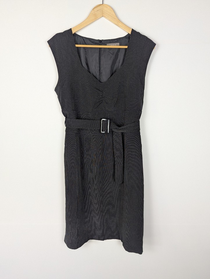 JACQUI E Women Pencil Dress Sz 14 Black Sleeveless Lined Belted Midi Work Office