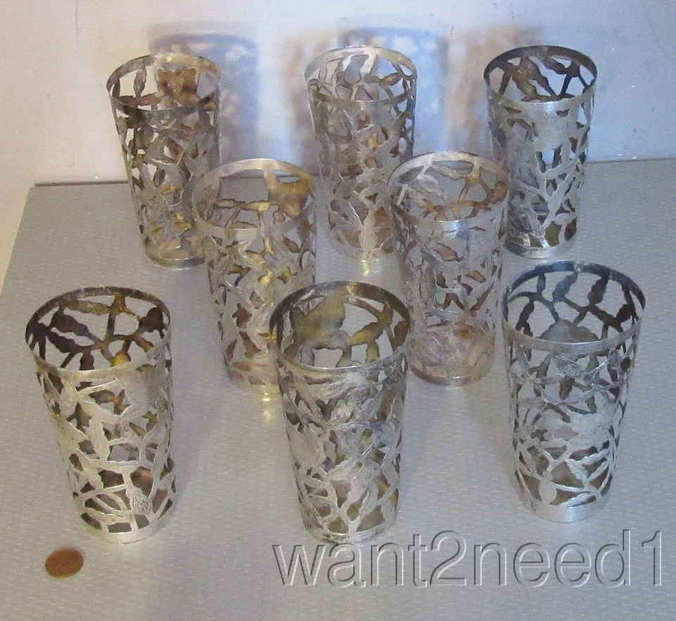 Juego de 8 portavasos vintage de plata de ley 925 México perforados sin vidrio 240 g Foto 2 de 4