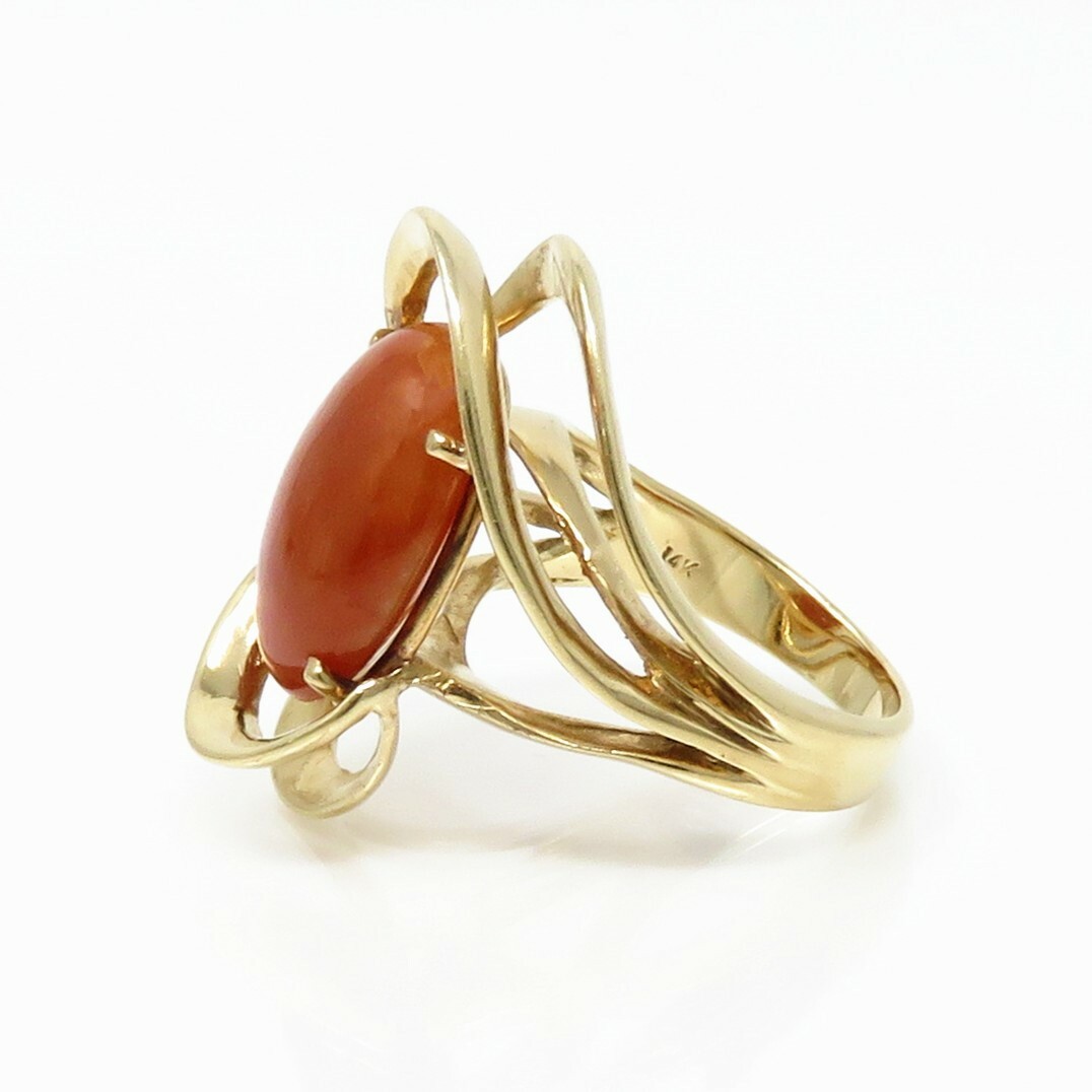 NYJEWEL 14k Yellow Gold Orange Red Jade Large Ring - image 3