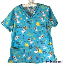 Disney Frozen Olaf Scrub Top Sz Medium Light Blue Flowers Nursecore Medical wear