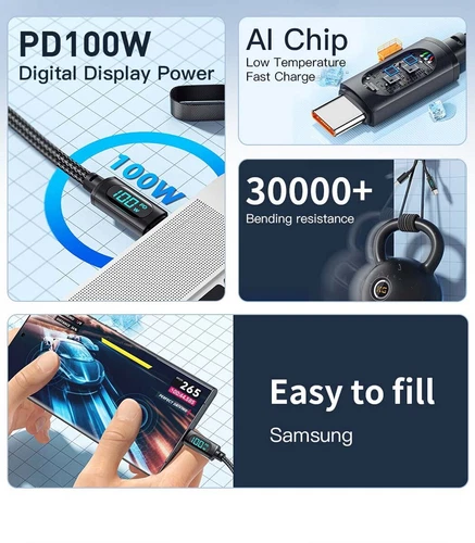 Cable USB C a USB C 100W 5A PD Cable de Carga Rápida Tipo-C Cargador con Pantalla LED - Imagen 8 de 11