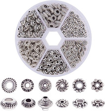 300Pcs 6 Style Antique Silver Spacer Beads, Tibetan Metal Alloy Tube Spacers Flo