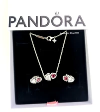 NEW 100% PANDORA Red White Halo Heart Stud Necklace Gift Set 293633C01 393632C01