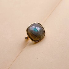 Natural 17mm square Labradorite Gold Plated Adjustable Ring Women Jewelry Gifts