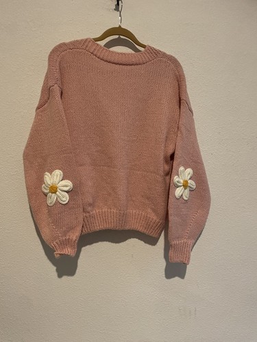Knit Pink & White Daisies Oversized Button Up Sweater Cardigan Medium Large - Picture 5 of 7