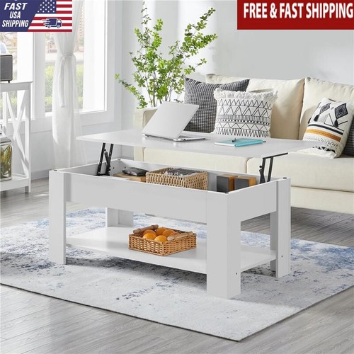 Lift Top Coffee Table W/ Storage Compartment Adjustable Shelf White MDF New