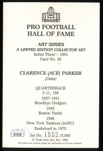 Ace Parker Brooklyn Dodgers - Goal Line Art Card - JSA Authentic Autograph - Picture 2 of 3