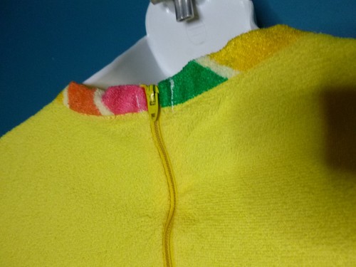 Vtg Stretch Terry Cloth Beach Dress Swim Cover Caftan Yellow Rainbow Trim Sz L - Picture 9 of 13