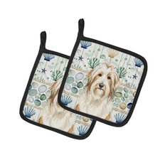 Caroline's Treasures White Tan Bearded Collie Coastal Sea Glass Pair Potholders