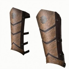 Leather Style Greaves Viking Leg Guards with Straps Knight for Larp, Cosplayers