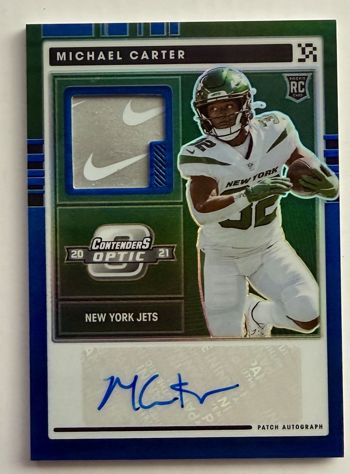 2021 Contenders Optic Michael Carter Nike Patch Black Scope Prizm RC Auto /50