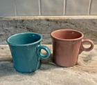 2 Vintage Homer Laughlin Fiesta Ware Coffee Mugs Turquoise & Pink Ring Handle