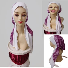 Pre-Tied Head Scarf, Head Cover Tichel 2 tons  White/Fusha  ON SALE NOW!