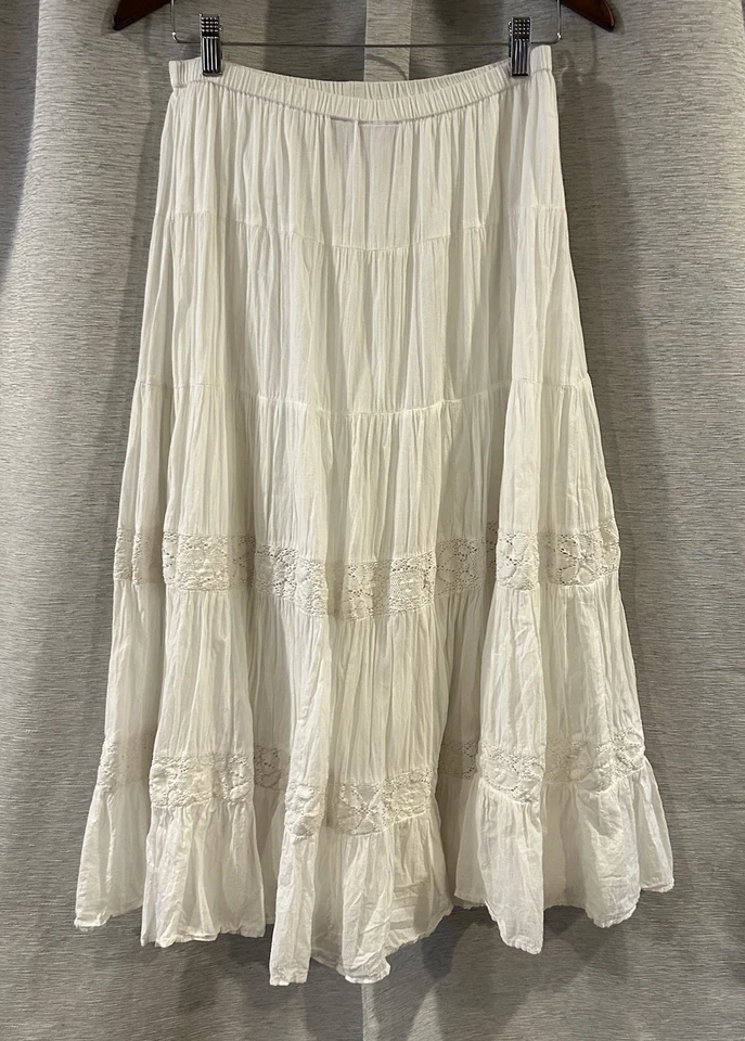 Chico’s Women’s White Lace Tiered Maxi Boho Peasant Skirt Ruffle Crochet Size 0 - Image 3 of 4