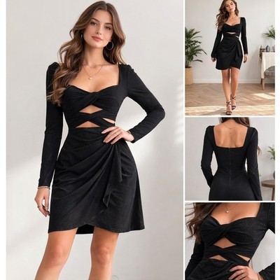 Alana Eve Black Sparkle Cut Out Twist Front Long Sleeve Mini Dress Womens L NWT