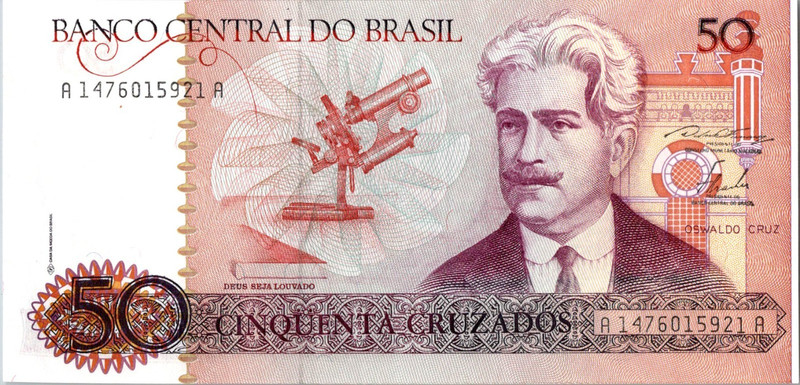 1986 BANCO CENTRAL DO BRASIL 50 CRUZADOS BANKNOTE UNC