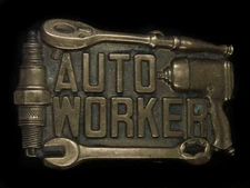 TE13111 VINTAGE 1981 **AUTO WORKER** SOLID BRASS BARON BELT BUCKLE