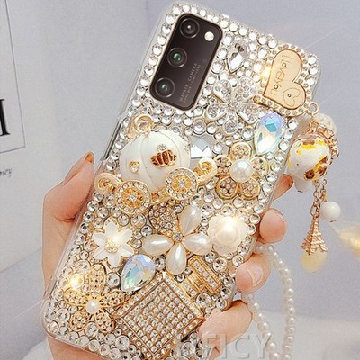 Women Sparkly Love Tassel Pendant Diamonds Bling Rhinestone Phone Case + Lanyard