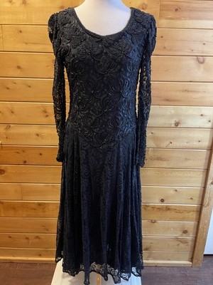 Mary Frances Black Beaded Floral Lace Midi Fit & Flare Dress Size 8 Long  Sleeve | eBay