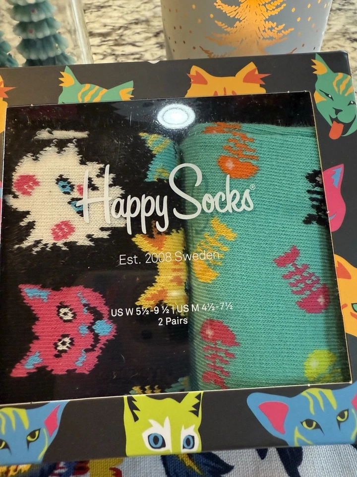 NOVO Conjunto de 2 Meias de Algodão Happy Socks Cat Lover Crew, Feminino Tamanho 5.5-9.5 - Imagem 3 de 4