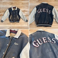Vintage Guess Leather Bomber Varsity Jacket M...
