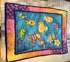 Vtg Handmade Baby Quilt 44x34 Hand Stitched Tropical, Ocean, Sea Life Applique
