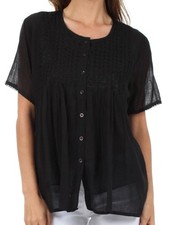 Sakkas Button Down Embroidered Short Sleeve Semi-Sheer Gauzy Cotton Top / Blouse