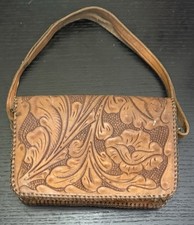 VINTAGE BROWN HAND-TOOLED LEATHER HANDBAG PURSE Embossed Floral Design/Brass HW