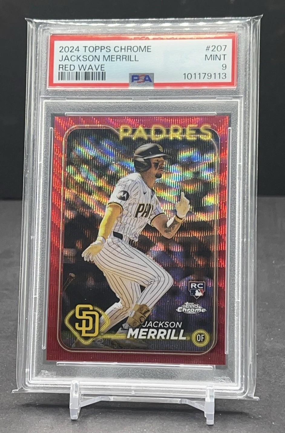 Jackson Merrill 2024 Topps Chrome Red Wave Rookie Refractor /5 #207 PSA 9 RC