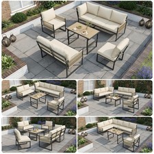 6-7 Seater Garden Corner Sofa Set Rising Table Patio Lounge Furniture - Beige