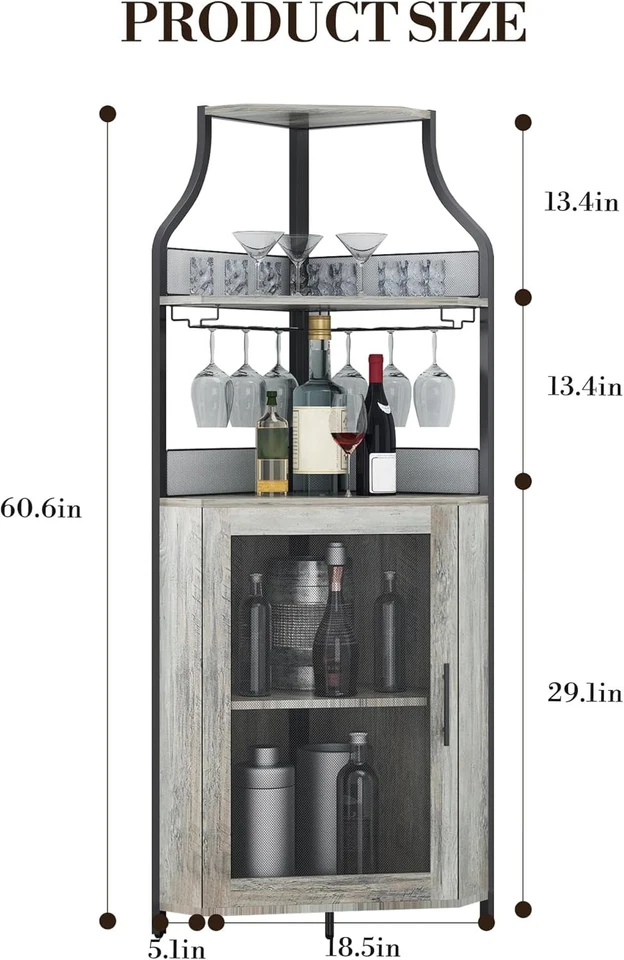 Corner Bar Cabinet with Wine Rack Glass Holder Mesh Door 5 Tier Home Bar Unit - Image 2 of 4