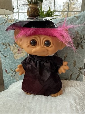 VTG 1990s Uneeda Wishnik TROLL DOLL Graduate Hot Pink Hair Graduation Gift 8''