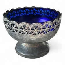 Vtg Celtic Quality Silver Plate Cobalt Blue Glass England Dessert Cup Medieval