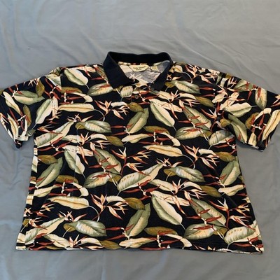 Cooke Street Polo Shirt Mens XL Black Hawaiian Tropical Bird of Paradise Floral