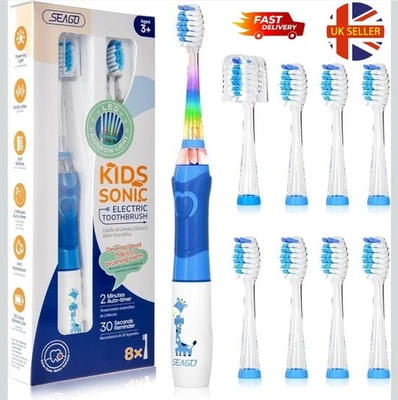 Seago Kids Electric Toothbrush 3-12, Childrens Battery with BLUE 2min 8 brush