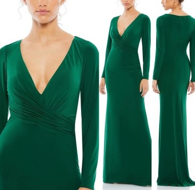 Ieena Mac Duggal Emerald Green Long Sleeve Wrap Jersey Gown Dress Size 8 $398