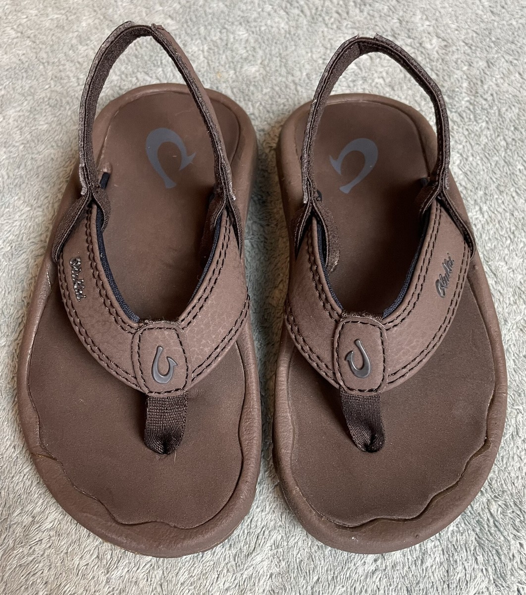 Olukai Boys Ohana Size Brown Flats Flip Flops With Heel Straps
