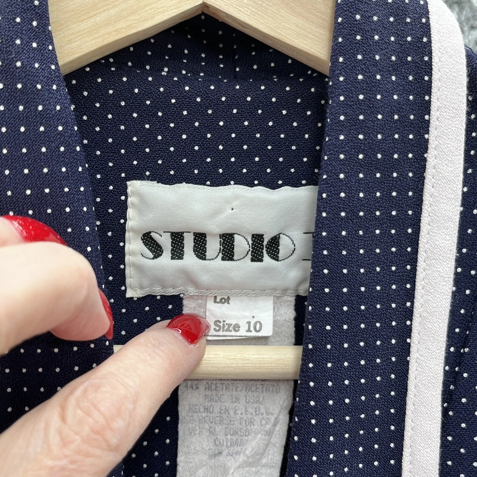 Vestido De Colección Studio I Para Mujer 10 Azul Marino Lunares Pinup Retro Doble Pecho Funda Foto 4 de 4