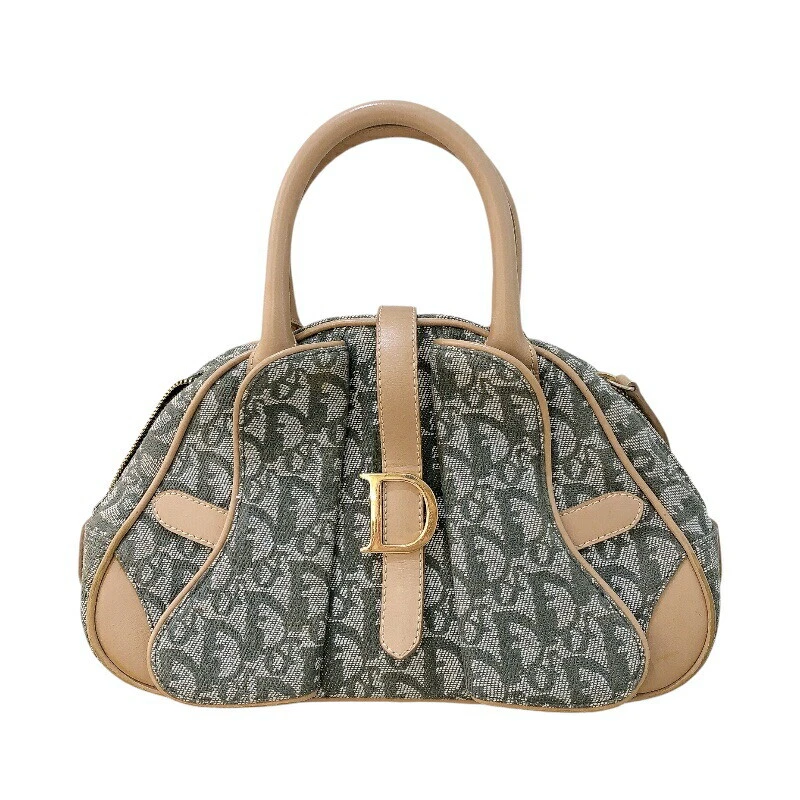 SAC À MAIN TROTTEUR AUTHENTIQUE CHRISTIAN DIOR VERT BEIGE TOILE CUIR FEMME F/S