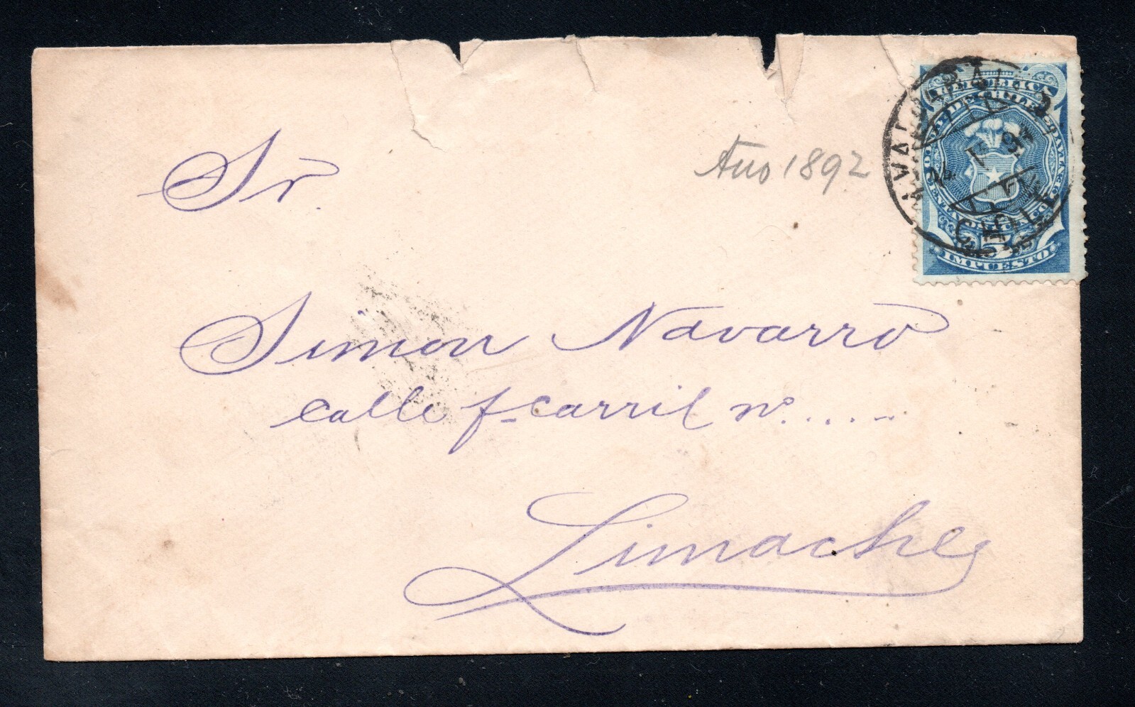 CHILE,  SOBRE, DE VALPARAISO A LIMACHE, CON SELLO DE IMPUESTOS. 1892