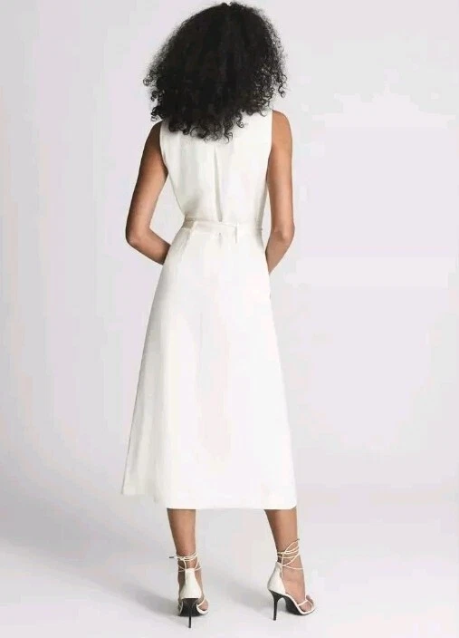 OFF WHITE ABITO MIDI NUOVO CON ETICHETTE REISS OFF BIANCO MISTO LINO DOPPIOPETTO CON CINTURA TAGLIA UK 4