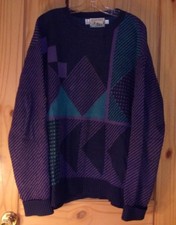 Montana Woolen Shop Purple/Navy/Teal Acrylic Crewneck Sweater USA Made Mens LT