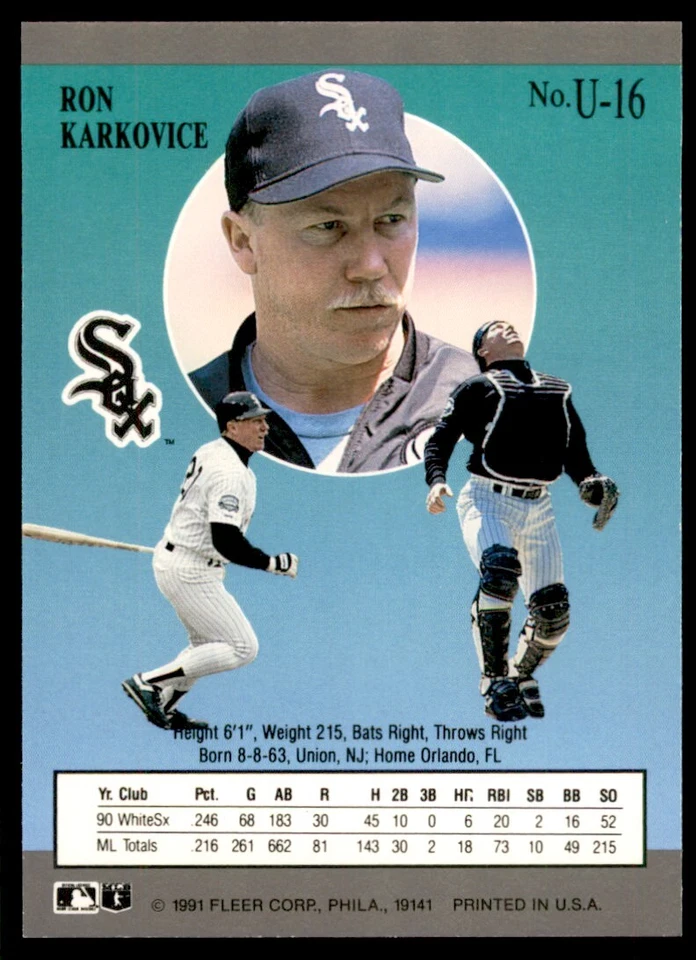 1991 Fleer Ultra Update Ron Karkovice Baseball Cards #U-16 - Image 2 of 2
