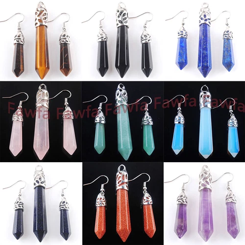 Natural Hexagonal Pointed Gemstone Reiki Chakra Pencil Pendant Charm Earring Set