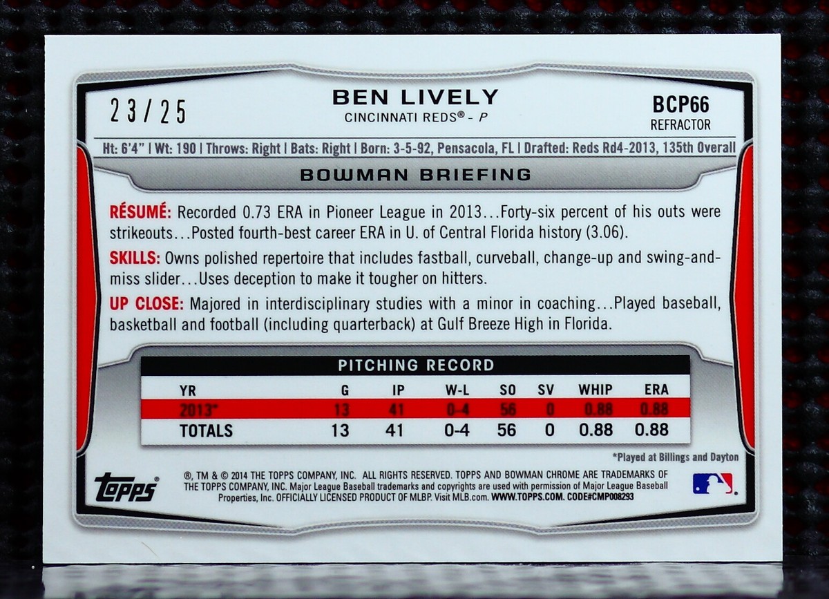 BEN LIVELY - 2014 BOWMAN CHROME PROSPECTS SILVER WAVE REFRACTORS