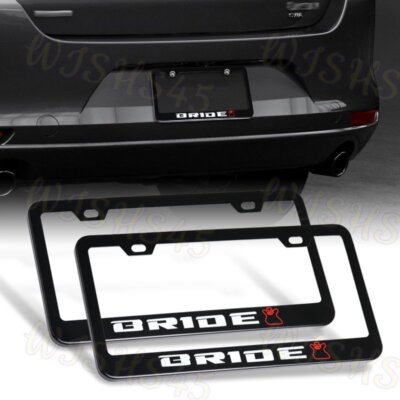 X2 JDM BRIDE Black Stainless Steel License Plate Frame w/ Caps for Honda Civic