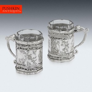 ANTIQUE 19thC CHINESE EXPORT SOLID SILVER TEA GLASS HOLDERS, SHANGHAI c.1880