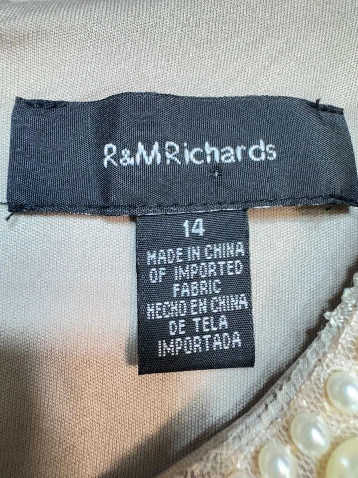 Vestido de Noche R&M Richards Cuentas Encaje Talla 14 Beige Floral Sin Mangas Formal Foto 2 de 4